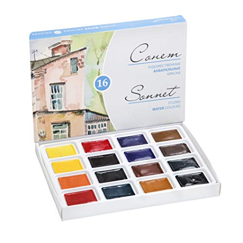 Sonnet Aquarellfarben Set | 16 Aquarell Farbkasten in halben Näpfchen | Hochwertige Aquarellkasten Hergestellt in St. Petersburg von Nevskaya Palitra von Sonnet