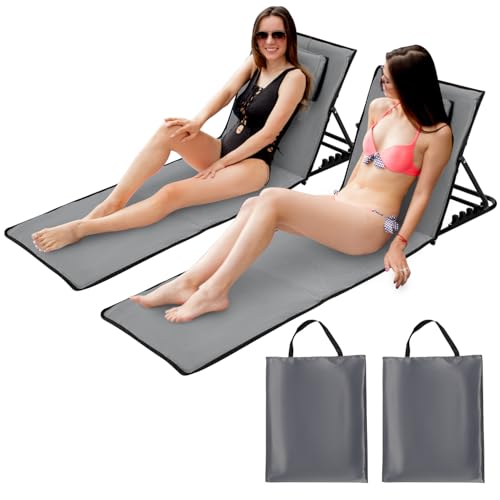Sonnewelt 2 Stück Strandmatte mit Rückenlehne Strandliege Klappbar Leichte,Faltbares Strandstuhl mit Lehne und Tragebeutel - Wasserdicht und tragbar,Liegematte (Grau,158x55cm) von Sonnewelt