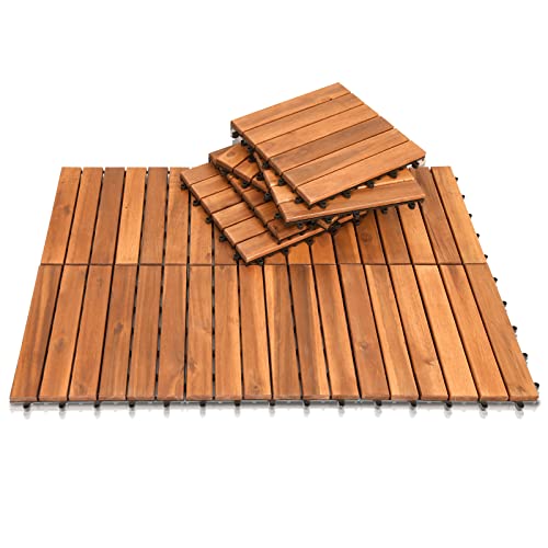 Sonnewelt 33 Stück Holzfliesen Akazie Mosaik, Holzfliesen Balkon Akazienholz 30x30CM Fliese Stecksystem Mosaik Zuschneidbar Terrasse Balkon (3m²) von Sonnewelt