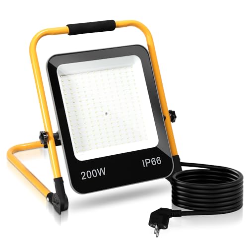 Sonnewelt LED Baustrahler 1 x 200W 16000LM Tragbar Arbeitsscheinwerfer IP66 Wasserdicht Arbeitsleuchte Strahler 6000K Kaltweiß mit 3M Kabel, Faltbarer Ständer für Baustelle, Werkstatt, Garage von Sonnewelt