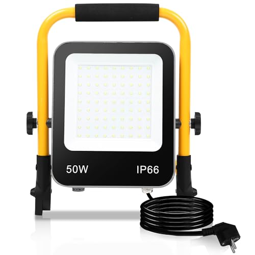 Sonnewelt LED Baustrahler 2 x 50W 5100LM Tragbar Arbeitsscheinwerfer IP66 Wasserdicht Arbeitsleuchte Strahler 6000K Kaltweiß mit 3M Kabel, Faltbarer Ständer für Baustelle, Werkstatt, Garage von Sonnewelt
