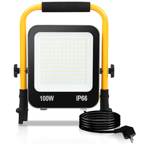 Sonnewelt LED Baustrahler Baulampe 1 x 100W 10000LM Bauscheinwerfer IP66 Wasserdicht LED Arbeitsleuchte 6000K Kaltweiß mit Stecker, 3M Kabel, Faltbarer Ständer für Innen und Außen von Sonnewelt