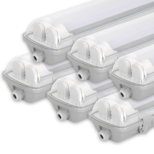 Sonnewelt LED Feuchtraumleuchte 120cm 6er 6000K Kaltweiß 2x 18W Röhre 3600lm IP65 Wasserfest T8 Werkstattlampe Röhrenlampe Komplett Wannenleuchte Leuchte für Garage Keller Büro Warenhaus von Sonnewelt