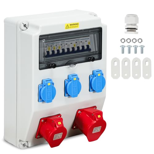 Sonnewelt Wandverteiler mit Leitungsschutzschalter,5 Polig Baustromverteiler mit 3xSchuko-Steckdose und CEE-Steckdose 16/32A Stromverteiler für Innen und Außen von Sonnewelt