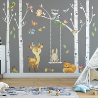 stoffaufkleber Waldtiere Kinderzimmer Deko4 Birken Schlaffuchs Reh Waschbär Hase Wandtattoo Junge Mädchen Wiederverwendbar & Neu Positionierbar von SonoLuna