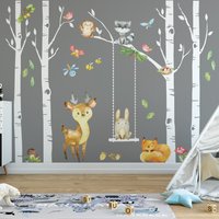 stoffaufkleber Wald Kinderzimmer Décor4 Birken Bäume Waldtiere Schlaffuchs Reh Waschbär Hase Wandtattoo Junge Mädchen Wiederverwendbar von SonoLuna