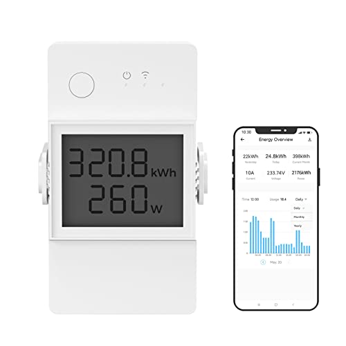 SONOFF LCD Digitaler Stromzähler, Smart Wlan Energiezähler 1 Phase 16A/4000W, DIN-Schienen-Wechselstromzähler mit Stromverbrauchsmessung und Überlastschutzfunktion, Kompatibel mit Alexa/Google Home von SONOFF