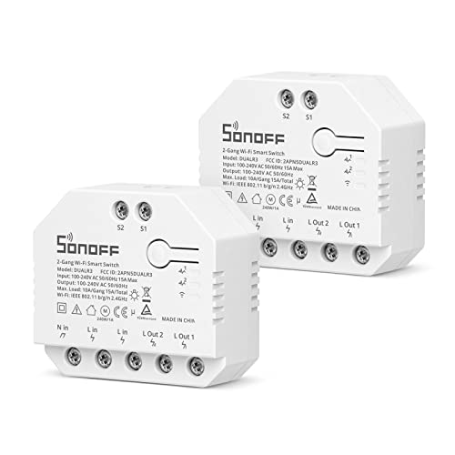 Smart Wlan Schalter Garagentor SONOFF DUALR3 (2Pcs), 2Wege 2Gang Schalter, mit Messfunktion, 3 Arbeitsmodi, Fernbedienung Licht, Fensterläden, Rollläden ; Alexa/Google Home/Siri Supported von SONOFF