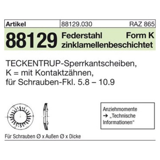 ART 88129 TECKENTRUP-Sperrkantscheiben m. Kz. C 60 flZnnc SKK 10 flZnnc K von Sonstige