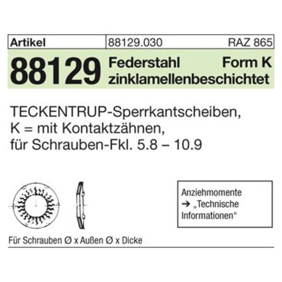 ART 88129 TECKENTRUP-Sperrkantscheiben m. Kz. C 60 flZnnc SKK 10 flZnnc S von Sonstige