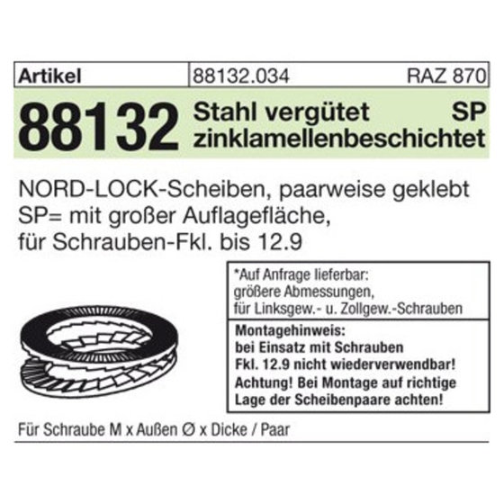 ART 88132 NORD-LOCK Scheiben geklebt DNL 14 SP (15,2 x 30,7 x 3,4) flZn S von Sonstige