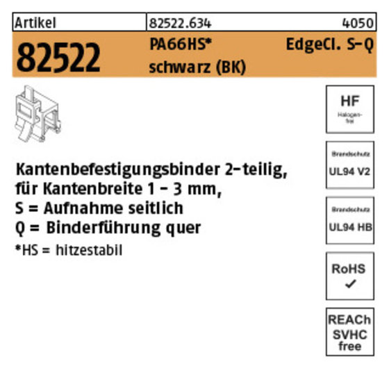 Befestigungsbinder ART 82523 mit Edgeclip PA66HS schwarz 4,6 x 200 S-A S von Sonstige