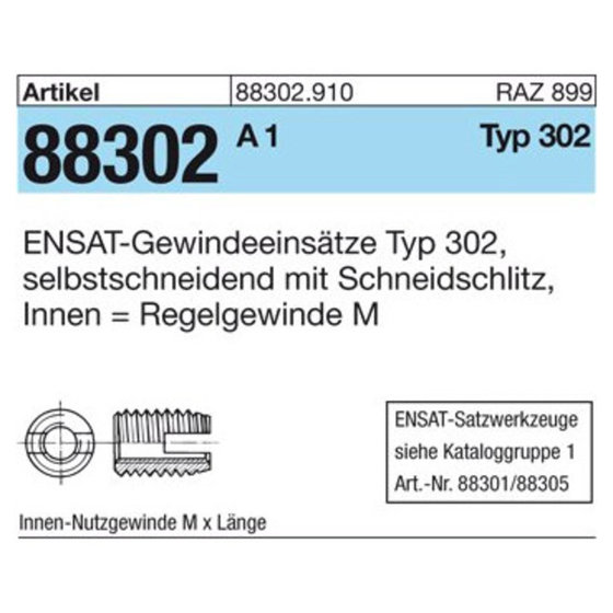 ENSAT-Gewindeeinsätze ART 88302 M 12 rostfrei, Typ 302 A 1 S von Sonstige