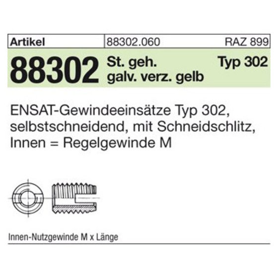 ENSAT-Gewindeeinsätze ART 88302 Stahl gehärtet M 24 gal ZnC, Typ 302 gal ZnC S von Sonstige