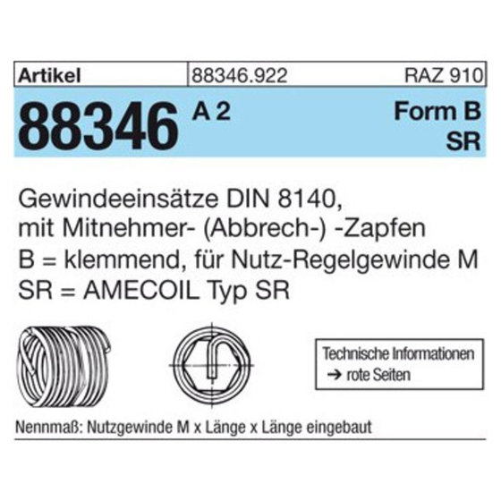 Gewindeeinsätze ART 88346 AMECOIL Typ SR BM 5 x 10 A 2 selbsts. A 2 S von Sonstige