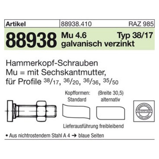 Halfenschrauben 88938 Typ 38/17 4.6 M10 x 40 gal Zn gal Zn S von Sonstige