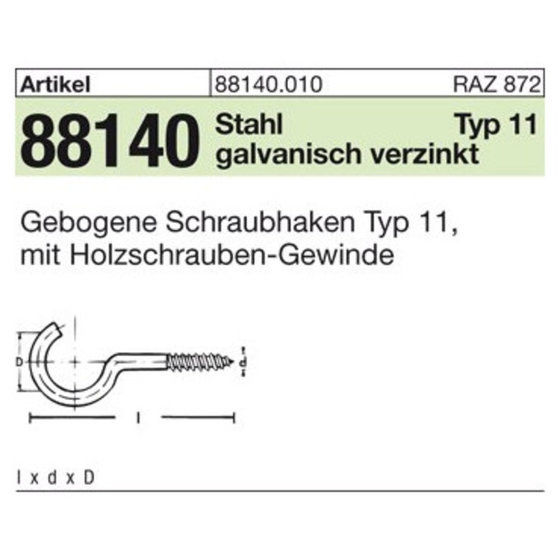 Schraubhaken ART 88140, gebogen, Stahl, Typ 11 100mm galv. verzinkt gal Zn S von Sonstige