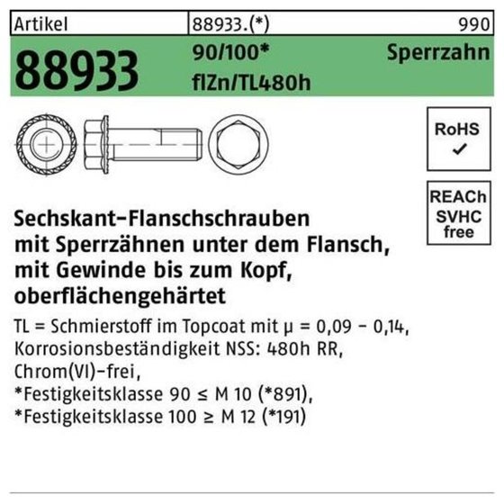 Sechskant-Sperrzahnschrauben 88933 Kl. 100 gal Zn, getempert, M12 x 50 gal Zn S von Sonstige