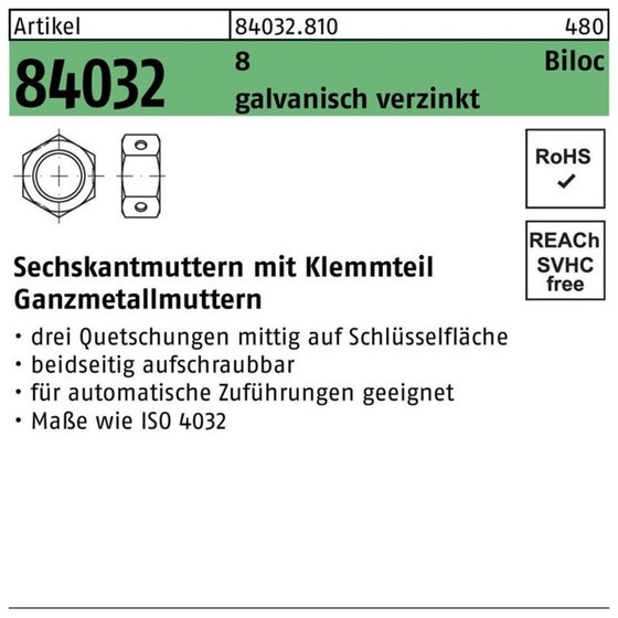 Sechskantmuttern ART 84032 Biloc Kl. 10 M 10 galv. verzinkt gal Zn S von Sonstige