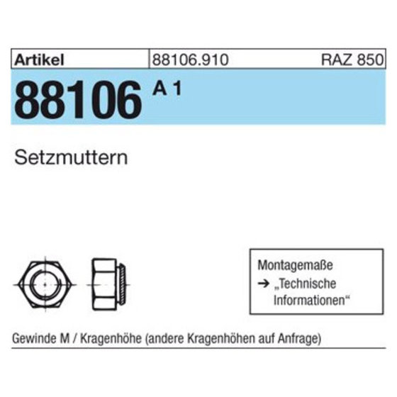 Setzmuttern ART 88106 M 16 / 2,4 Stahl gehärtet, galv. verzinkt gal Zn S von Sonstige