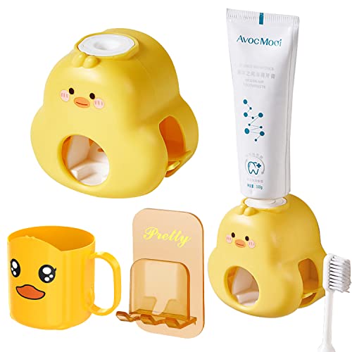 Zahnpastaspender Kinder Ohne Bohren Sonwaha Toothpaste Dispenser Kids,Zahnpasta Spender Automat Kinder mit Tasse Zahnbürstenhalter Kinder Kleine Gelbe Ente von Sonwaha