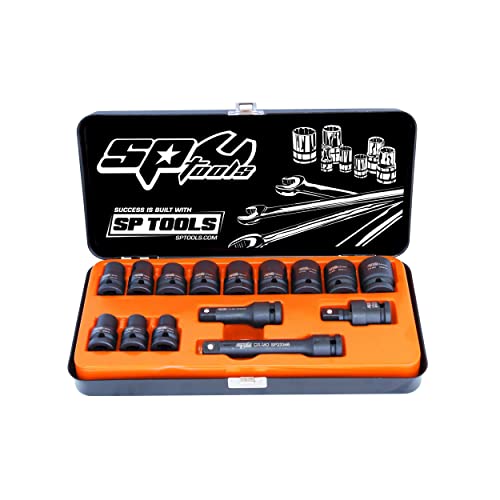 SP TOOLS SP20310 - Schlagschrauber-Steckschlüsselsatz 1/2" 6-Kant Metrisch von 10 bis 24 mm - 15 Teile - darunter 2 Verlängerungen 1/2" (75mm, 125 mm), 1 Kardan 1/2" - Chrom Molybdän - Profi-Qualität. von SP Tools