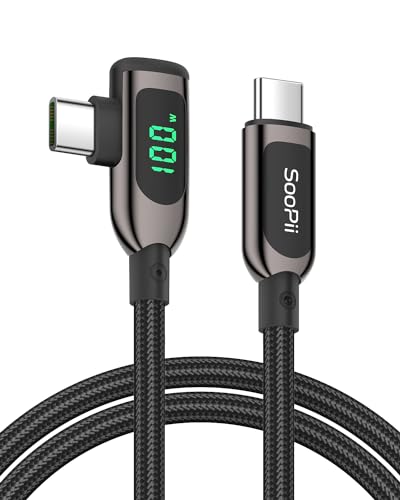 SooPii 100W rechtwinkliges USB C auf USB C Kabel mit LED Anzeige, 1,2 m langes geflochtenes USB C PD Ladekabel aus Zinklegierung und Nylon für lPhone 15, lPad Pro, MacBook Pro, Galaxy S23 von SooPii