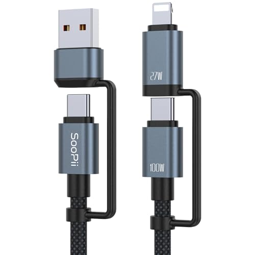 SooPii 100W Multi-USB-C-Ladekabel, 4-in-1-C/A-zu-C/IP-Schnellladekabel, PD 5A Nylon-geflochtenes Mehrfach-Ladekabel für Telefone, Tablets, Laptops und mehr (Schwarz,2M) von SooPii