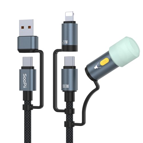 SooPii 100W 5A Multi-USB-C-Ladekabel mit LED-Licht für Camping, 4-in-1-C/A-zu-C/IP-Schnellladekabel, Nylon-geflochtenes Typ-C-Kabel für Telefone, Tablets, Laptops und mehr (Schwarz,2M) von SooPii