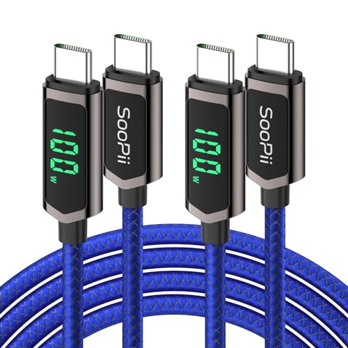 SooPii 100W USB C Kabel, (2M, 2 Stück) PD Schnelllade USB C auf USB C Kabel mit Display, Nylon-geflochtenes Type C Kabel für lPhone 15/Pro/Plus/Pro Max, MacBook, Samsung S23/S22 von SooPii