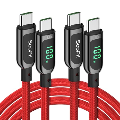 SooPii 100W USB-C-auf-USB-C-Kabel, (2m, 2 Stück) 2Schnellladekabel mit LED-Anzeige, PD 5A Typ-C-Ladekabel für lPhone 15/Pro/Plus/Pro Max, lPad Air, MacBook, Samsung S23/S22, Pixel, LG (Rot) von SooPii