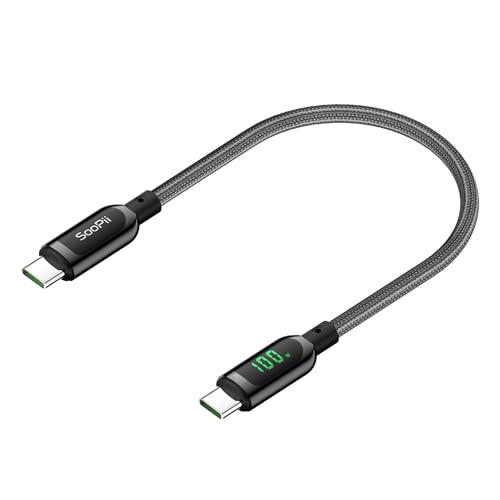 SooPii 100W USB-C-auf-USB-C-Kabel, 0.3M Schnellladekabel mit LED-Anzeige, PD 5A Typ-C-Ladekabel für lPhone 15/Pro/Plus/Pro Max, lPad Air, MacBook, Samsung S23/S22, Pixel, LG (Grau) von SooPii
