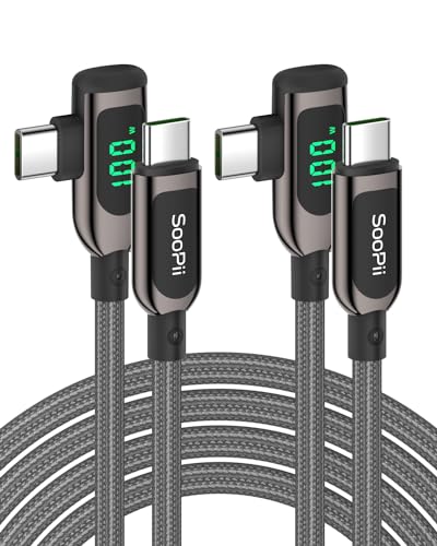 SooPii 100W rechtwinkliges USB C auf USB C Kabel mit LED Anzeige, 2m langes geflochtenes USB C PD Ladekabel aus Zinklegierung und Nylon für lPhone 15, lPad Pro, MacBook Pro, Galaxy S23,2 Stück von SooPii