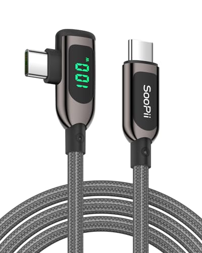 SooPii 100W rechtwinkliges USB C auf USB C Kabel mit LED Anzeige, 2m langes geflochtenes USB C PD Ladekabel aus Zinklegierung und Nylon für lPhone 15, lPad Pro, MacBook Pro, Galaxy S23 von SooPii