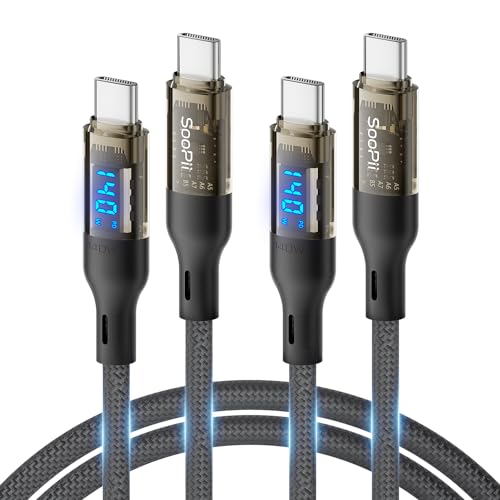 SooPii 140W USB C auf USB C Kabel[1.2M 2er Pack],Schnelllade USB C Kabel mit LED Anzeige für MacBook Pro,lPhone 15/15 Pro/15Pro Max,Galaxy S23+/S23 Ultra/S22 Ultra,Transparente Hülle,(Schwarz) von SooPii