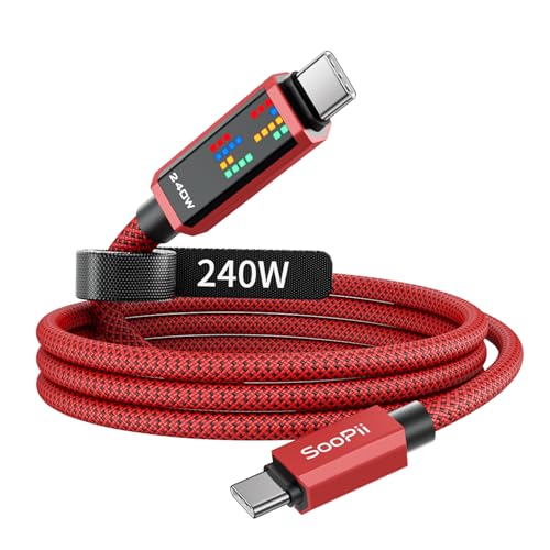SooPii 240W USB C auf USB C Kabel, [1,2m] PD USB C Ladekabel mit LED Anzeige, Nylon Typ C Ladekabel für iPhone 16/16 Plus/16 Pro/16 Pro Max/15, iPad Pro/Air, Galaxy S24 Ultra, Rot von SooPii