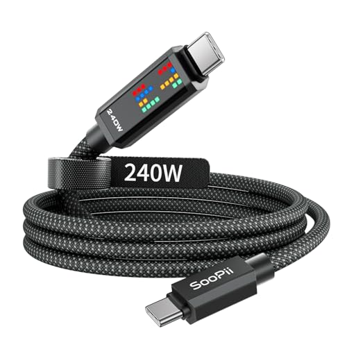 SooPii 240W USB C auf USB C Kabel, [1,2m] PD USB C Ladekabel mit LED Anzeige, Nylon Typ C Ladekabel für iPhone 16/16 Plus/16 Pro/16 Pro Max/15, iPad Pro/Air, Galaxy S24 Ultra, Schwarz von SooPii