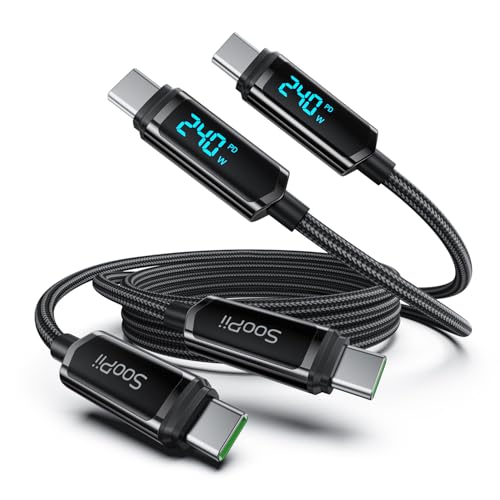 SooPii 240W USB C auf USB C Kabel, [1.2M,2Pack] Typ C kabel mit Display, Nylon Geflochten Ladekabel USB C Ladegerät für lPhone 16/15 Pro Max, Galaxy S25/24,MacBook Pro Air, iPad Pro Air, Schwarz von SooPii