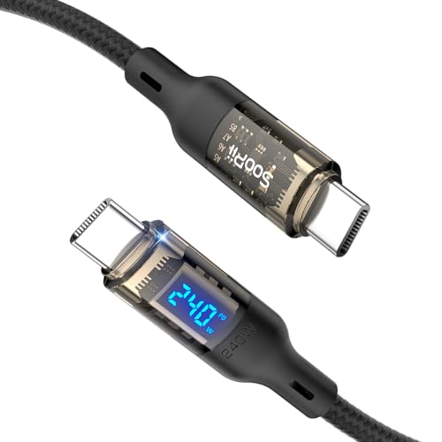 SooPii USB C zu USB C Kabel [240W 1.2M],Schnelllade USB C Kabel mit LED Anzeige für MacBook Pro,lPhone 16/15/15 Pro/15Pro Max, Galaxy S23+/S23 Ultra/S22 Ultra,und mehr,Transparente Hülle(Schwarz) von SooPii