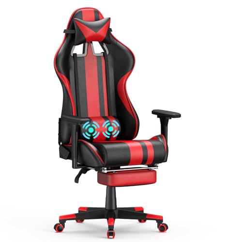 Soontrans Gaming Stuhl Massage, Ergonomisch Gaming Sessel mit Vibration Massagefunktion Lumbalstütze, Fußstütze & Kopfstütze, Gepolstertes Leder, Gamer Stuhl für YouTube Livestreaming Xbox (Rot) von Soontrans