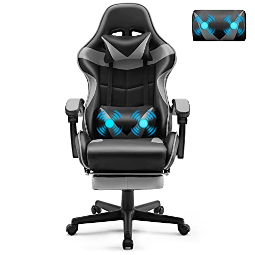 Soontrans Gaming Stuhl Massage, Gaming Sessel mit Fußstütze & Kopfstütze & Massage-Lendenkissen, Gepolsterte Armlehnen, Ergonomisch Gaming Stuhl für Gamer YouTube Livestreaming Xbox (Grau) von Soontrans