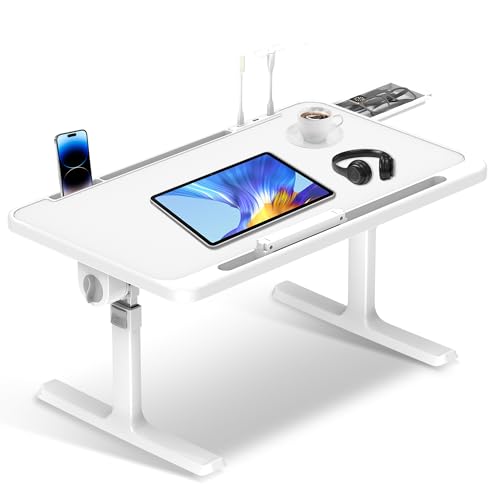 Soontrans Laptoptisch 60 x 40 cm, Laptop Tisch mit Schublade, Höhenverstellbar, 4 Winkelverstellbar, Klappbare Beine, Betttisch für Bett und Sofa, Couch, Boden, Betttablett Notebook (warmes Weiß) von Soontrans