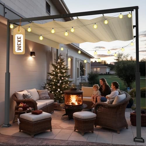 Soontrans Pergola mit Verstellbarem Schiebedach 3 x 3 m, Dein Rückzugsort im Grünen, Pavillon mit Terrassenüberdachung Freistehend, Überdachung Terrasse aus Stahl & Polyester für Garten Pool (Creme) von Soontrans