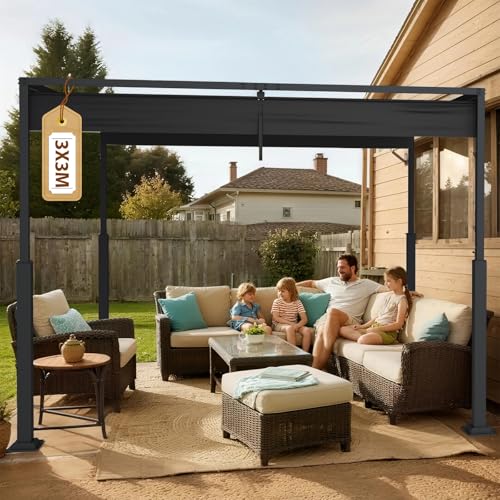 Soontrans Pergola mit Verstellbarem Schiebedach 3 x 3 m, Deine Terrassenüberdachung Freistehend für Entspannung, Pavillon mit Stahlgestell & Magnetbefestigung, Sonnenschutz für Garten Pool (Schwarz) von Soontrans