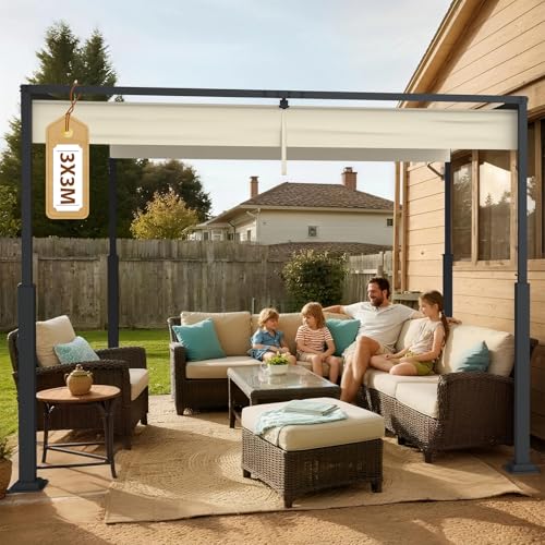 Soontrans Pergola mit Verstellbarem Schiebedach 3 x 3 m, Deine Terrassenüberdachung Freistehend für Entspannung, Pavillon mit Stahlgestell & Magnetbefestigung, Sonnenschutz für Garten Pool (Creme) von Soontrans