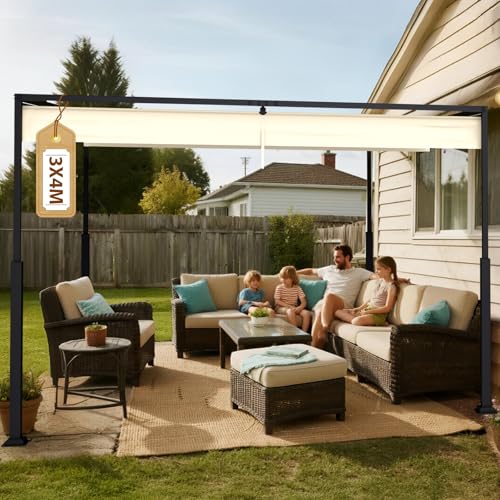 Soontrans Pergola mit Verstellbarem Schiebedach 3 x 4 m, Deine Terrassenüberdachung Freistehend für Entspannung, Pavillon mit Stahlgestell & Magnetbefestigung, Sonnenschutz für Garten Pool (Creme) von Soontrans