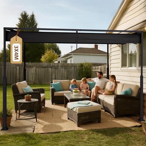 Soontrans Pergola mit Verstellbarem Schiebedach 3 x 4 m, Deine Terrassenüberdachung Freistehend für Entspannung, Pavillon mit Stahlgestell & Magnetbefestigung, Sonnenschutz für Garten Pool (Schwarz) von Soontrans