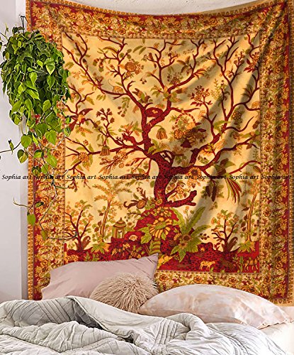 Baum des Lebens Tapisserie Wandbehang Hippie Mandala Tapisserie Wandkunst Collage Schlafsaal Strand Überwurf Bohemian Tapisserie Wanddekoration Boho Tagesdecke (gelb) von Sophia-Art