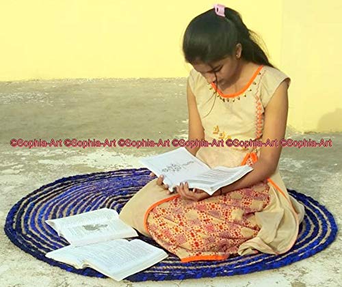 Chindi Rug Indian Bohemian Multi Colored Indian Handmade Braided Round Bohemian Boho Indian Mat Reversible Colorful Cotton Colorful Natural Jute Chindi Round Mat (Blau, 36 Zoll / 3 Fuß) von Sophia-Art