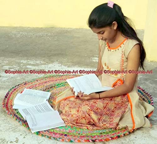 Chindi Rug Indian Bohemian Multi Colored Indian Handmade Braided Round Bohemian Boho Indian Mat Reversible Colorful Cotton Colorful Natural Jute Chindi Round Mat (Mehrfarbig, 48 Zoll / 4 Fuß) von Sophia-Art